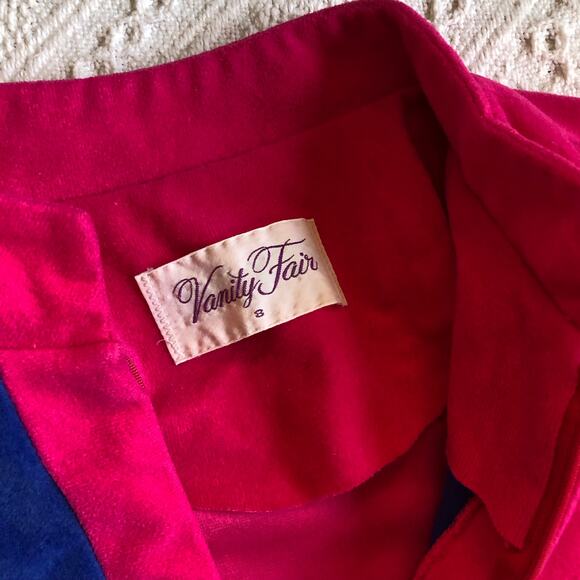 VTG Vanity Fair Fuchsia Velour Zip-Front Housecoat Robe S Mod Navy Racing Stripe - Picture 6 of 11